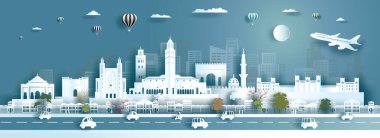 Marakeş 'teki Fas mimarisi, şehir merkezindeki sosyal şehirlerle ünlü koutoubia. Panorama 'nın popüler sermayesi kağıt kesiği ve kağıt sanatı ile Fas turu, origami.