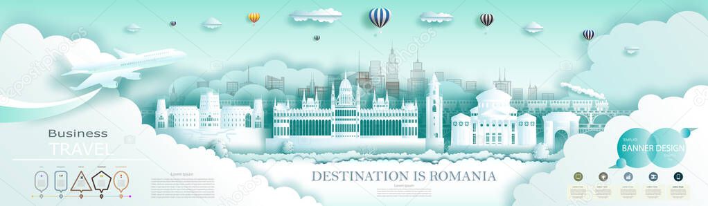Vector Infographics Design Template Travel Romania Advertising travel Brochure Romania. Top world famous city architecture. Modern business brochure banner design for advertising with infographics.