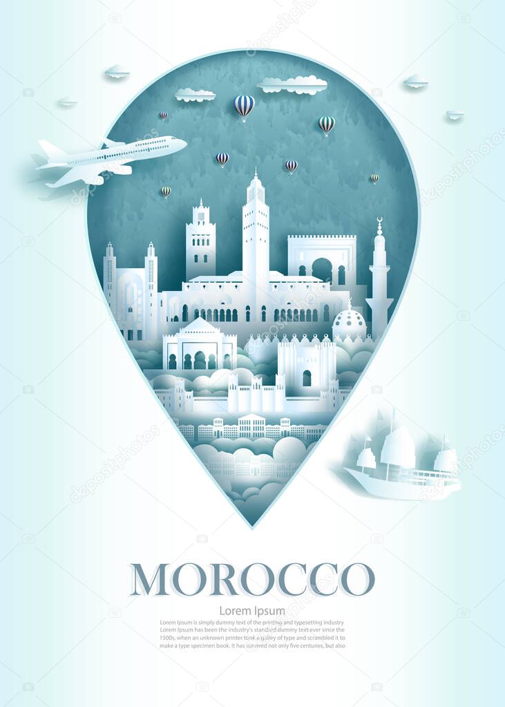 Travel landmark Morocco architecture monument pin of mediterranean Marrakech in Morocco famous with ancient city building business landmarks of architecture. Vector illustration pin point symbol.
