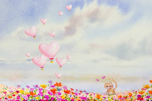 Aquarellmalerei Bunte Rosa Herz Heißluftballon Mit Katze Und Schmetterling Garten — Stockfoto