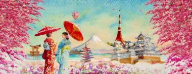 Japon kimono, uçak, balon, suluboya resim turu yapan Japon bayanla Japonya 'ya animasyon 4k ile seyahat etmek anime arka planlı Japonya Kyoto' yu simgeler..