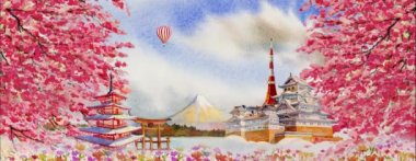 Japon kimono ve bahar sakura 'lı 4k animasyonuyla Japonya' ya git, Watercolor resim turu Japonya Kyoto 'da sıcak hava balonları ve uçak arka planıyla birlikte..