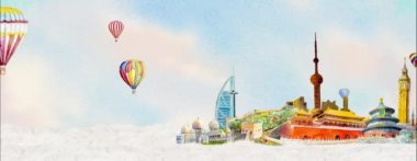 Animasyon resimleri dünyanın ünlü simgelerini gezer, 4k animasyonunda uçak ve balonla popüler turistik yerleri gezer. Görüntü canlandırma 4k biçimi.