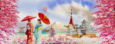 Japon kimonolu, uçaklı, balonlu, suluboya resimli Japon bayanla Japonya 'da sıcak hava, anime arka planlı uçak turu..