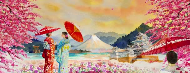 Japon Kimono Bahar Sakura Animasyonuyla Japonya Git Watercolor Resim Turu — Stok video