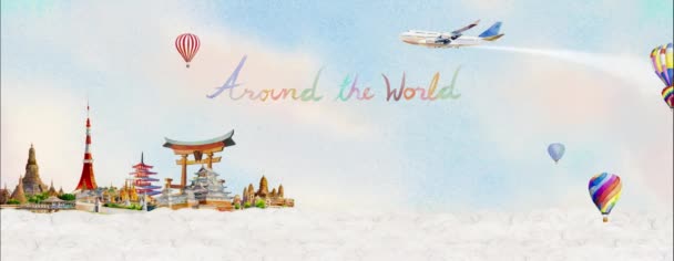 Путешествуйте Всему Миру Анимации Самолетом Воздушными Шарами Популярной Туристической Достопримечательностью — стоковое видео