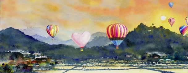 在全景 水彩画和感情丰富的乡村社会 自然背景下 画动画4K 在山上渲染气球 手绘抽象画动画4K — 图库视频影像