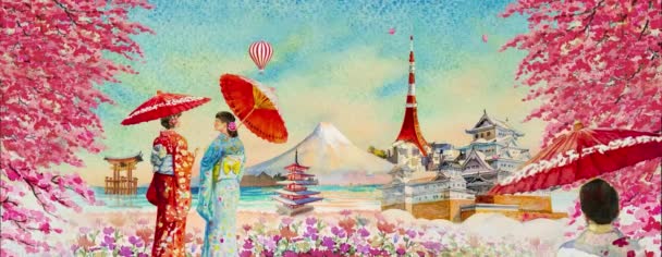 Japon Kadın Kimono Uçak Balon Watercolor Resim Turu Eşliğinde Japon — Stok video