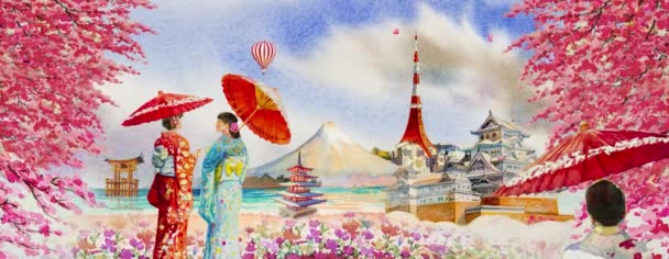 水彩画旅行のランドマーク日本アニメ4Kで東京へ着物や飛行機で日本の女性と 水彩画ツアーのランドマーク日本アニメの背景をレンダリングして京都 — ストック動画