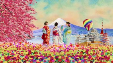 Japon kadın kimono, uçak, balon, Watercolor resim turu ile Japon Kyoto 'nun anime arkaplanı ile Japonya' yı simgeleyen animasyon 2k stiliyle Tokyo 'ya seyahat edin..