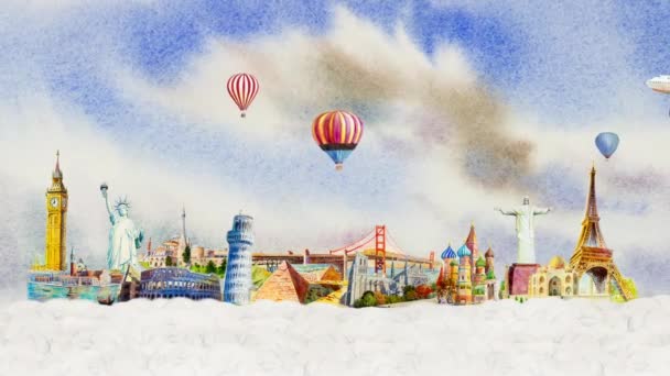 Painting Advertising Watercolor Animation Travel Famous Landmarks Worlds Travel Airplane — Stock Video