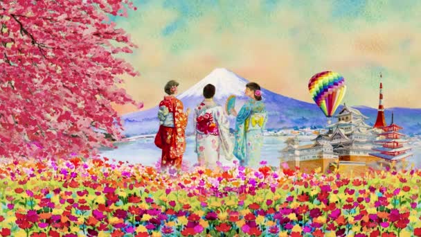 Japon Kadın Kimono Uçak Balon Watercolor Resim Turu Ile Japon — Stok video