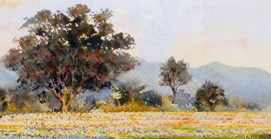Watercolor landscape paintings panorama colorful of flowers field garden tree and farm mountain forest with sky background in nature spring season. Painting illustration image. clipart