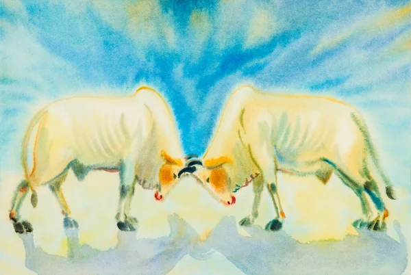 青い背景に牛と戦うのカラフルな抽象的な水彩画の風景画 — ストック写真