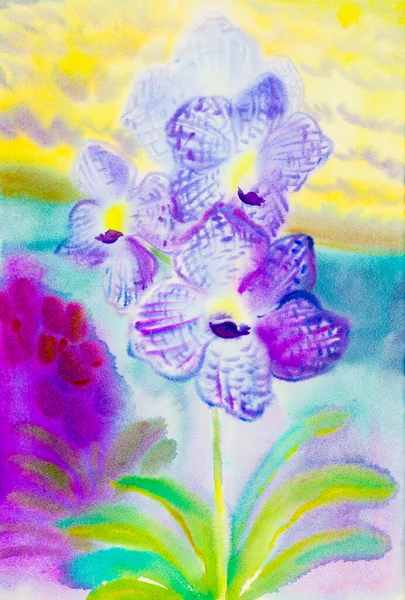 Abstraktní Akvarel Původní Malba Fialová Růžová Barva Orchidaceae Květiny Zelené — Stock fotografie