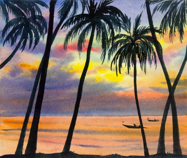 Akvarell Ursprungliga Landskap Kokos Målning Färgglada Fiskebåt Havsutsikt Himmel Och — Stockfoto
