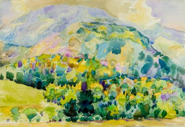 Suluboya manzarası. Dağ renginde orijinal tablo. Gökyüzü ve bulut arkaplanındaki duygu. El çizimi güzel doğa bahar mevsimi