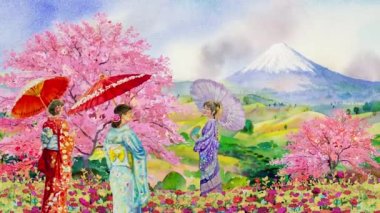 Japonya 'da vahşi bahar sakura sezonu ile Tokyo' ya resim animasyonları ve rüzgarda şemsiye tutan bir kimono giyen Japon bir kadın, anime arkaplanı oluşturan suluboya resimleriyle gezin..