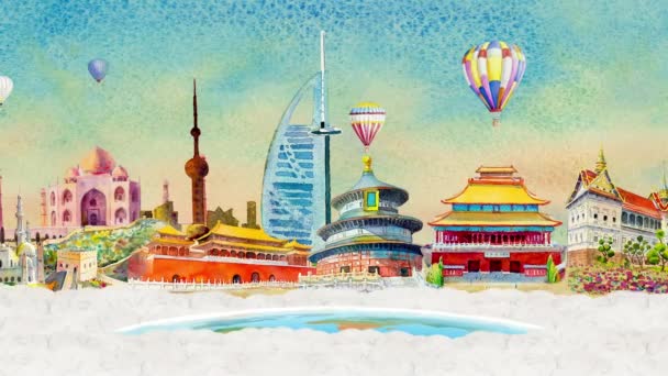 Viagem Ásia Marco Com Aquarela Pintura Animação Viagens Famosos Marcos — Vídeo de Stock