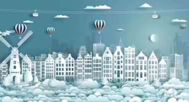 Hollanda 'nın ünlü Avrupa kentinde balonlar, uçaklar ve teleferikli Hollanda şehir simgeleri, kağıt origamisiyle panoramik seyahat Hollanda, 3D illüstrasyon 4k reklam.