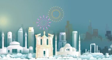 Şehir planında havai fişeklerle, ülke kutlama günü Jordan. Ürdün 'deki Asya mimarisinin turizm Arap simgeleri origami kağıt sanatı, 4K döngü video animasyonlu kağıt kesimi.