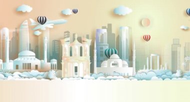 Ürdün 'ün tarihi mimarisi ve tarihi eserleri. Modern tasarımın iş animasyon broşürü. Balonlu ve uçaklı Asyalıların Arap şehirleri turu. 3D illüstrasyon 4k reklam döngüsü videosu.