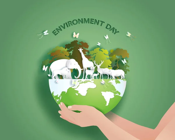 Holding Iorld Environment Day Planet World Concept Paper Cut Origami — Stok fotoğraf