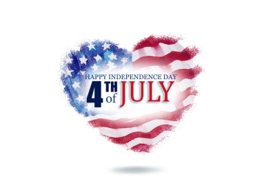 Amerika Bayrağı, Yaratıcı Davetiye Mavili ve kırmızı fırça darbeleriyle süslenmiş, 4 Temmuz 'un yıldızı, Mutlu Bağımsızlık Günü Partisi kutlamaları. Beyaz arkaplanda suluboya resimler.