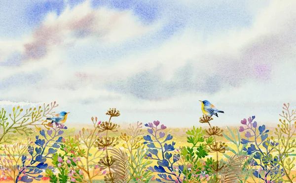 Aquarel Schilderijen Paar Vogel Bloemen Groene Bladeren Met Wilde Bloem — Stockfoto