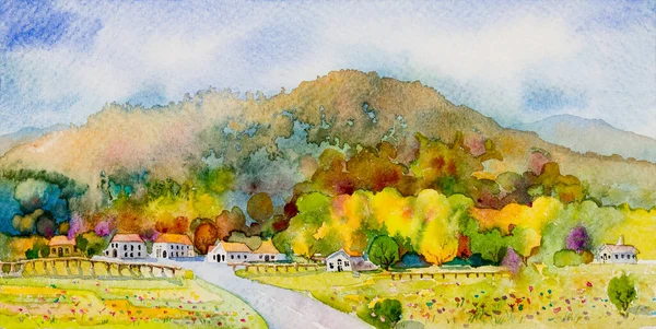 Watercolor landscape original painting on paper colorful of Village and flower, yellow leaf tree, field farm in mountain with sky background. Hand painted beauty nature autumn season