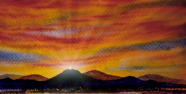 コピースペース黄色の空の雲の背景と山の朝の自然の美しさで日の出の水彩画パノラマカラフルな 絵画印象派 イラスト画像 — ストック写真