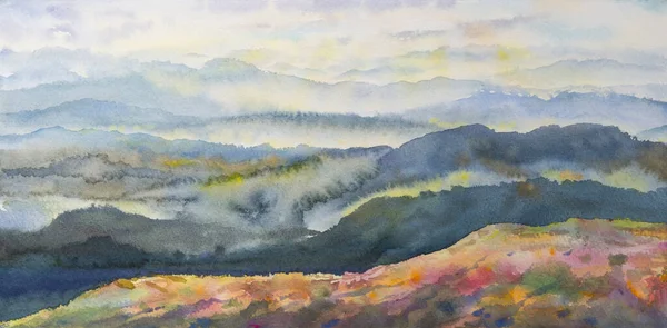 Akvarell Landskap Målningar Panorama Färgglada Bergskedjan Morgonen Naturlig Skönhet Med — Stockfoto