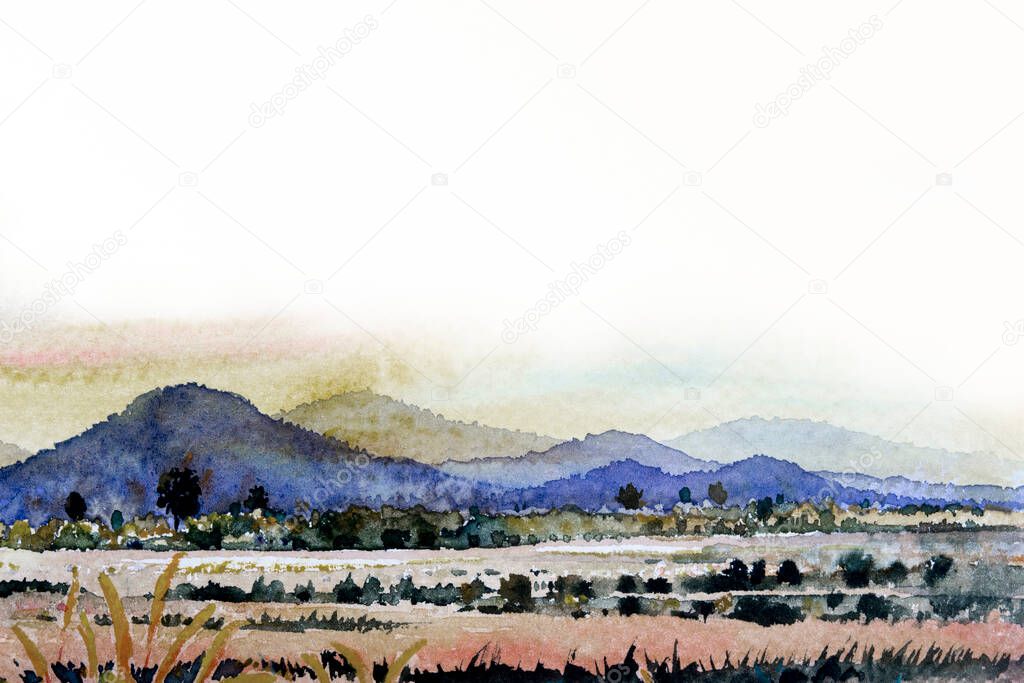 Watercolor landscape paintings panorama colorful of mountain farm garden tree, natural with copy space sky background in spring season. Painting impressionist, illustration image