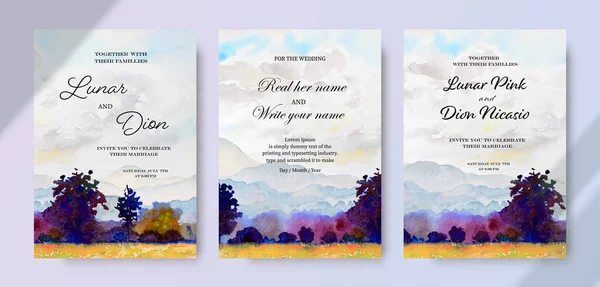 Kartu Undangan Pernikahan Mengatur Lukisan Pemandangan Cat Air Pohon Awan — Stok Foto