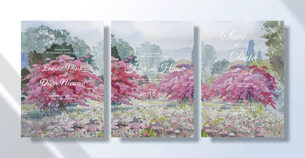 Wedding invitation card set watercolor landscape paintings paper flowers tree. Anniversary celebration wedding card design, Painting abstract landscape sky background