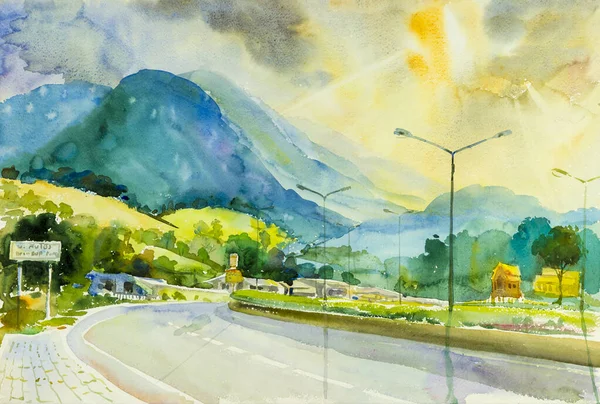 Paintings Art Watercolor Landscape Original Colorful Road Mountain Emotion Clouds — Stock Fotó