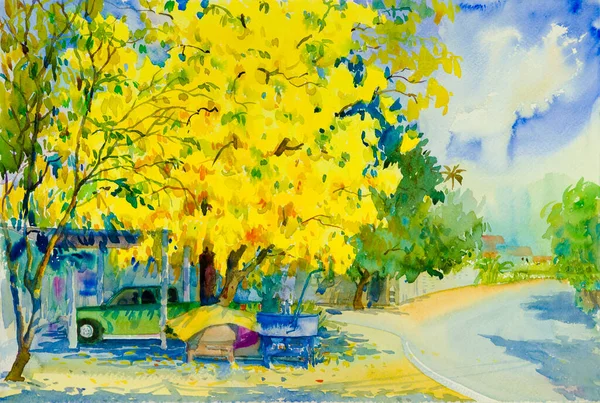 Akwarela Malarstwo Oryginalny Krajobraz Żółty Pomarańczowy Kolor Złotego Prysznica Kwiaty — Zdjęcie stockowe