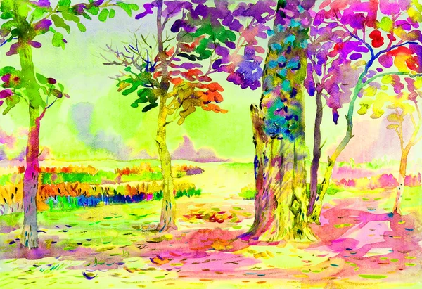 Watercolor painting original landscape yellow, orange purple color of garden  flowers in green tree   background
