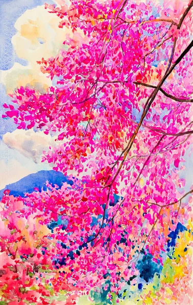 Watercolor Painting Original Landscape Pink Red Color Cherry Blossom Flowers — Foto Stock