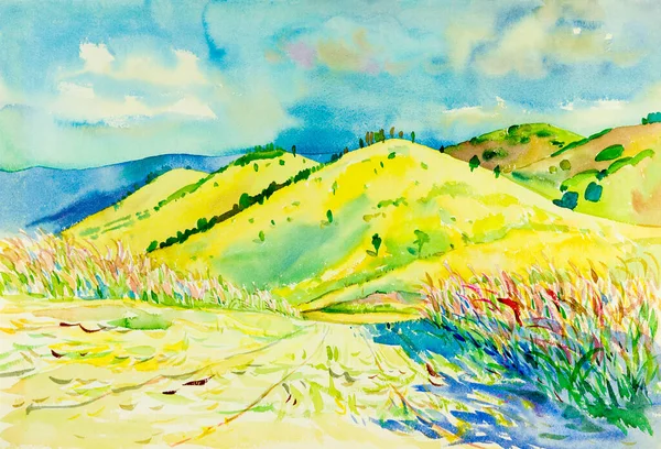 Pradera Montaña Otoño Acuarela Paisaje Pintura Original Colorido Emoción Cielo — Foto de Stock