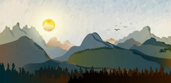 Landscape Hills Abstract Art Watercolor Painting Background Sun Birds Flying — Stockvector