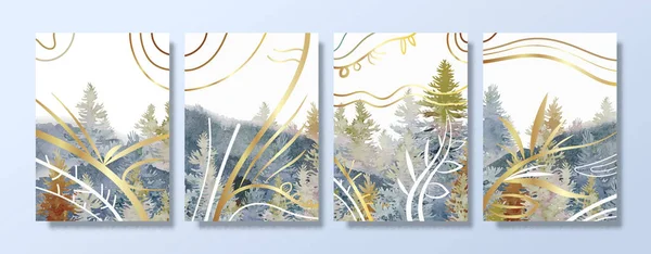 Modern Landscape Pine Tree Abstract Gold Line Art Watercolor Painting — Διανυσματικό Αρχείο