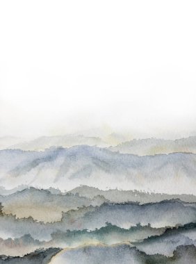 Soyut manzara dağları. Posterler. Mavi, lacivert, gri, allık, kağıt dokusunda suluboya resim, beyaz arka plan. Modern baskı. Duvar sanatı, kartvizit, Yazdırılabilir Pastel.