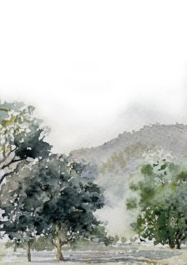 Soyut manzaralar, dağlar. Posterler. Yeşil, lacivert, gri, allık, kağıt desenli suluboya resimli, beyaz arkaplan. Modern baskı. Duvar sanatı Kartvizit. Basılabilir. Pastel.
