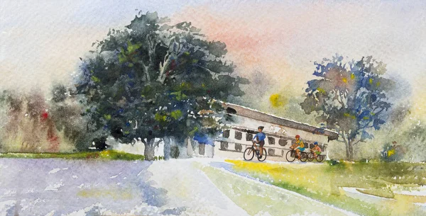 Family Fitness Ride Bicycle Public Park Watercolor Landscape Original Painting — Zdjęcie stockowe