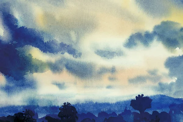 Blue Sky Panorama Background Watercolor Landscape Painting Illustration Art Paper — Fotografia de Stock