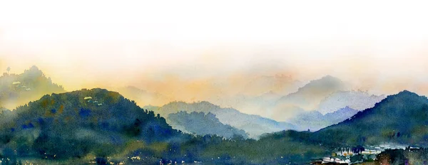 Panorama Mountain Range Watercolor Landscape Painting Paper Background Watercolor Landscape — 图库照片