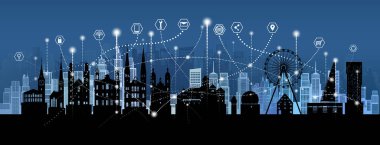 Technology wireless mesh geometric network communication icon smart city with architecture in switzerland at europe for design banner technology, Green city wireless network architecture in zurich.