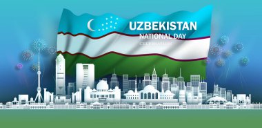 Anniversary celebration independence Uzbekistan day and travel landmarks samarkand city with Tajikistan flag background, Tour asia landmark with panorama view popular capital in origami paper cut.