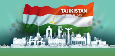 Anniversary celebration independence Tajikistan day and travel landmarks khujand city with Tajikistan flag background, Tour asia landmark with panorama view popular capital in origami paper cut.